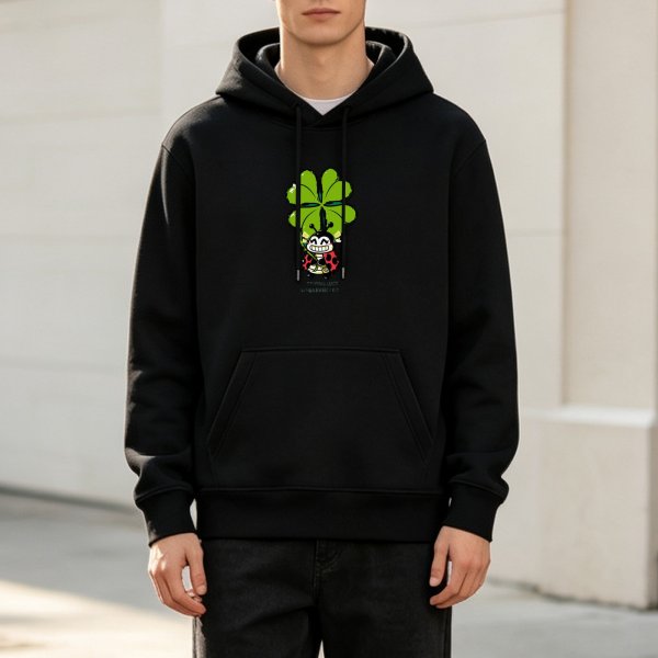 Black hoodie with cute ladybug holding four-leaf clover graphic
