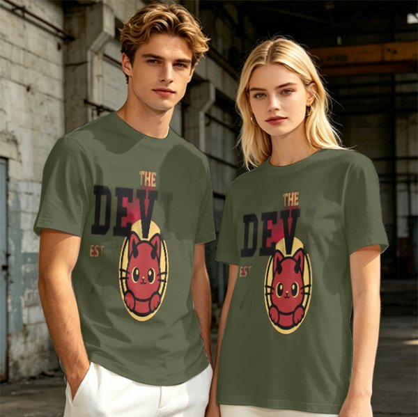 Olive T-Shirt with Red Devil Cat Graphic and The Dev Print
