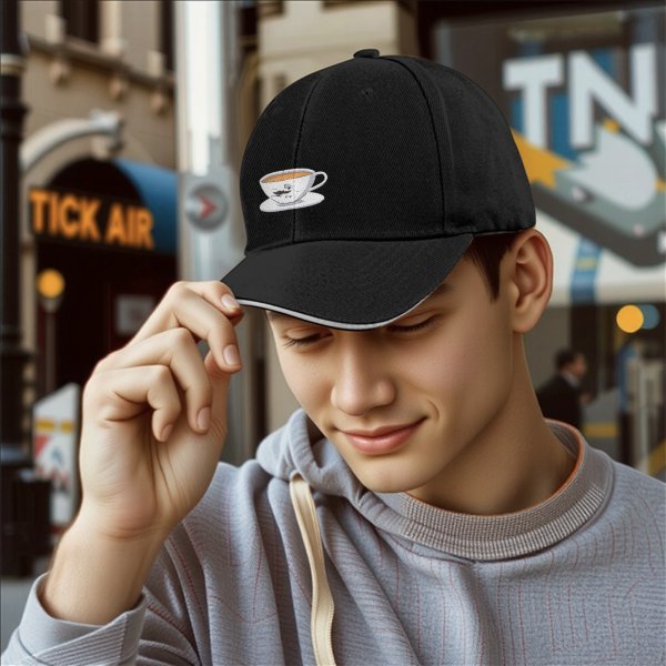 Black Baseball Cap with Teacup and Saucer Graphic Print