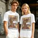 Olive green t-shirt with cubist style cat print and Purrcasso text