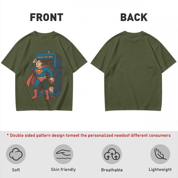 Olive T-shirt with Superman emerging from TARDIS police box graphic