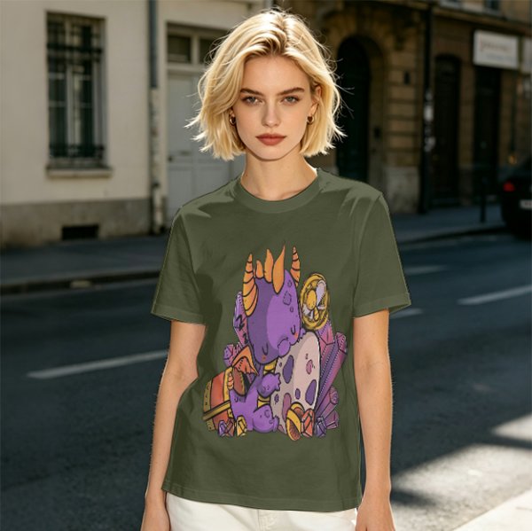 Olive T-Shirt with Cute Sleeping Purple Dragon and Treasure Artwork