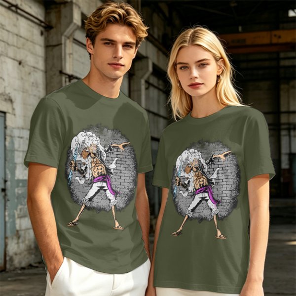 Olive T-shirt with One Piece Gear 5 Luffy Graphic Print