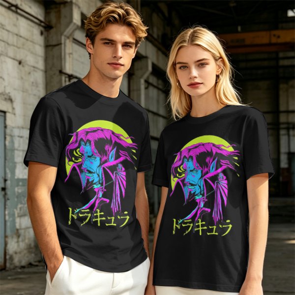Olive t-shirt with neon vampire Dracula graphic and Japanese text