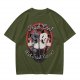 Olive t-shirt with retro cartoon raccoon and dog trash can print