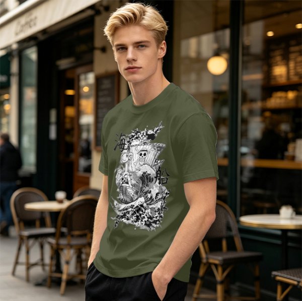 Olive T-shirt with One Piece Going Merry Ship Ink Art Print