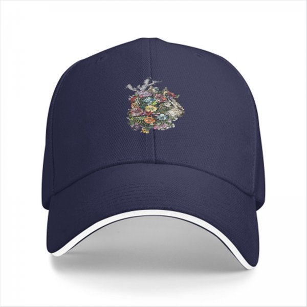Black Baseball Cap With Floral Cat Head Art Print