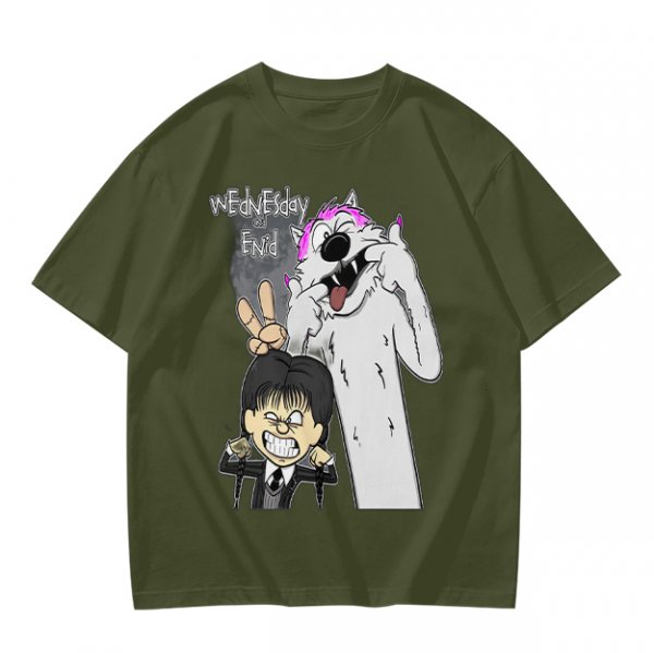Olive graphic tee with Wednesday and Enid cartoon wolf design