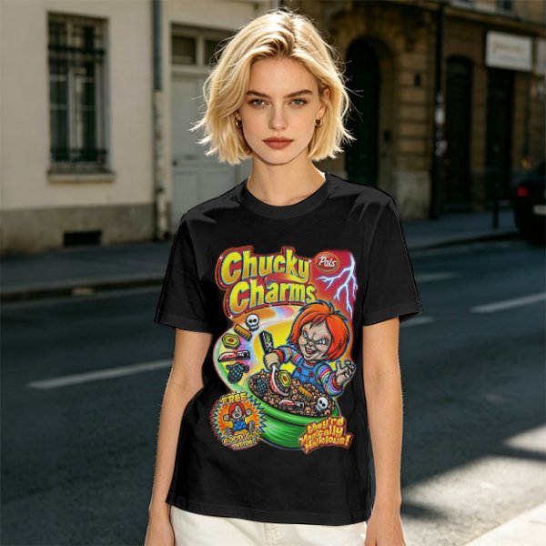 Chucky Charms Horror Cereal Themed Graphic T-Shirt