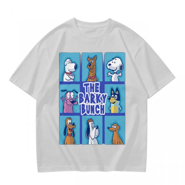 Olive green t-shirt with The Barky Bunch cartoon dog graphic