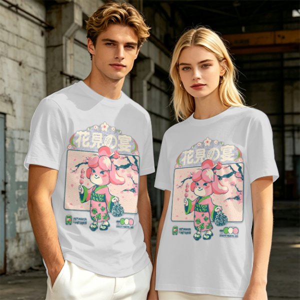 Olive green t-shirt with cherry blossom festival dog character print