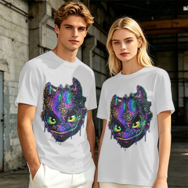 Olive T-Shirt With Neon Toothless Dragon Head Art Print