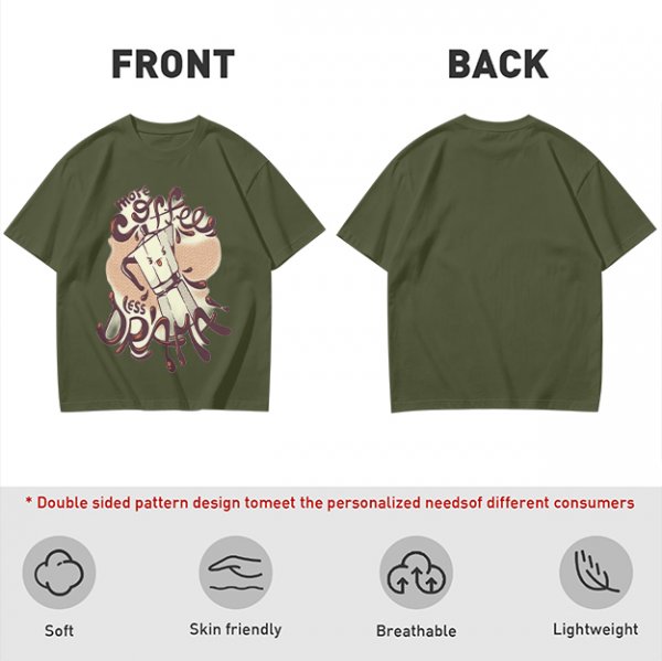 Olive t-shirt with 'More Coffee Less Drama' and moka pot graphic