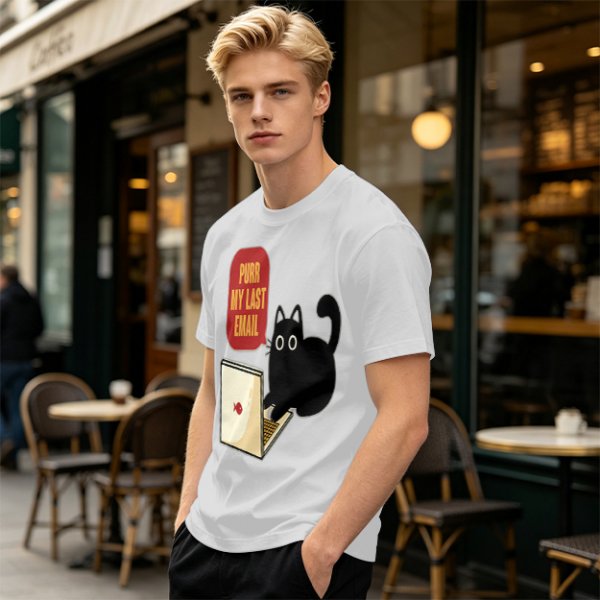 Black cat typing on laptop with 'Purr My Last Email' graphic t-shirt