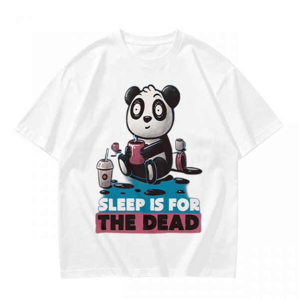 Olive t-shirt with panda drinking coffee and 'Sleep is for the dead' text