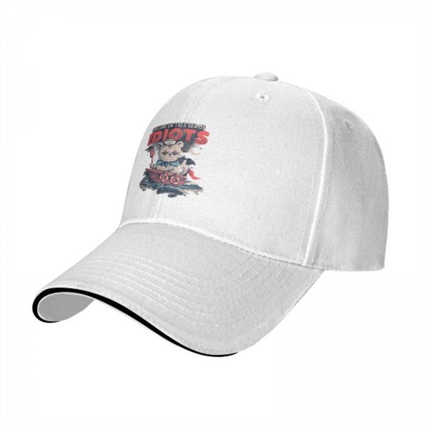 Black baseball cap with sailing cat graphic and 'Sailing in this sea of idiots' text