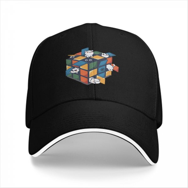 Black baseball cap with playful cats in a Rubik's cube graphic