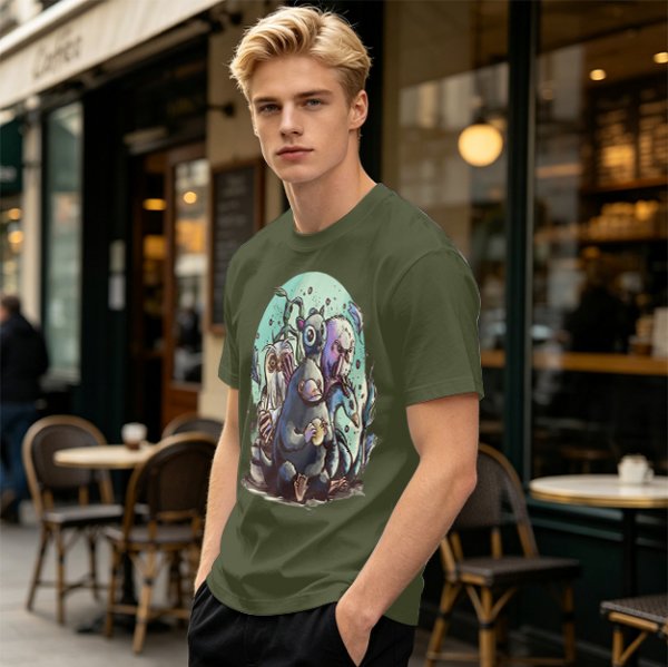 Olive T-Shirt With Magical Creature Group Art Print