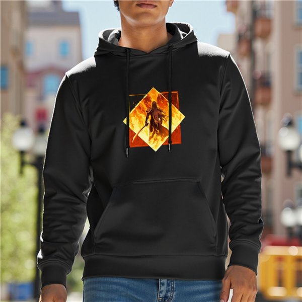 Black Hoodie With Fiery Warrior Silhouette Graphic
