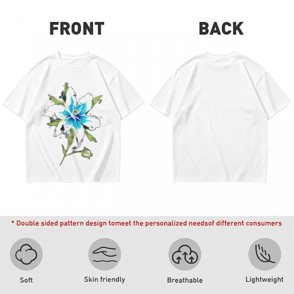 Olive Green T-Shirt with Watercolor Blue Lily Flower Print
