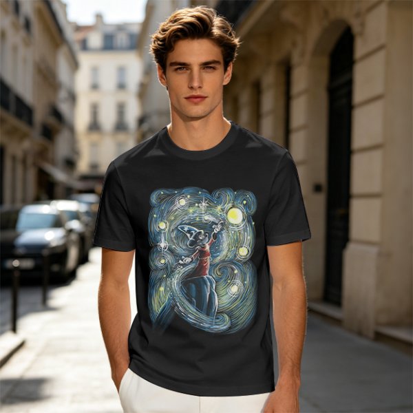 Olive T-Shirt With Sorcerer Mickey Starry Night Artwork