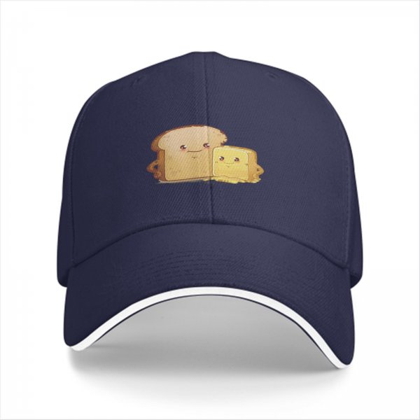 Black Baseball Cap With Cute Bread And Butter Cartoon Print