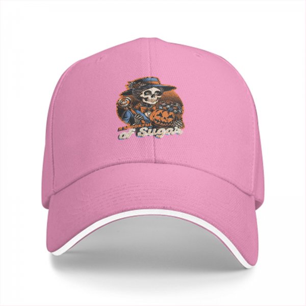 Black baseball cap with spooky sugar skeleton pumpkin graphic