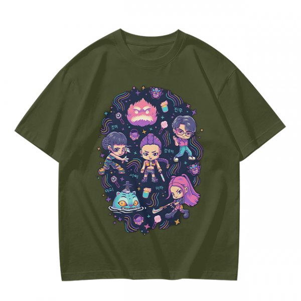 Olive T-shirt with Chibi Fantasy Characters and Whimsical Art Print