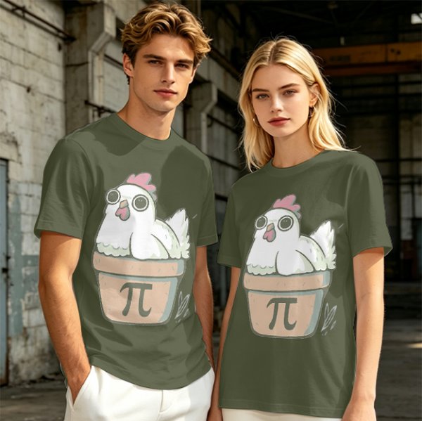 Olive T-Shirt With Cute Chicken In Pi Pot Graphic