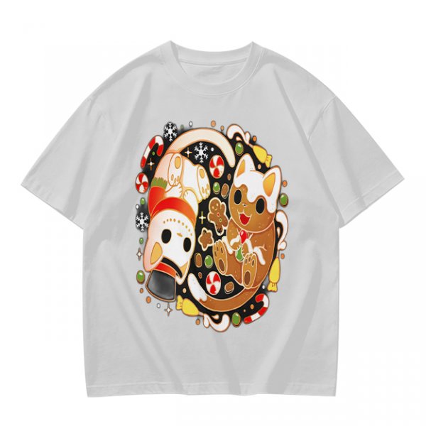 Olive Green T-Shirt With Christmas Cat Gingerbread Candy Print