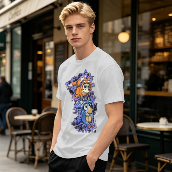 Olive green t-shirt with cartoon characters in cosplay graphic