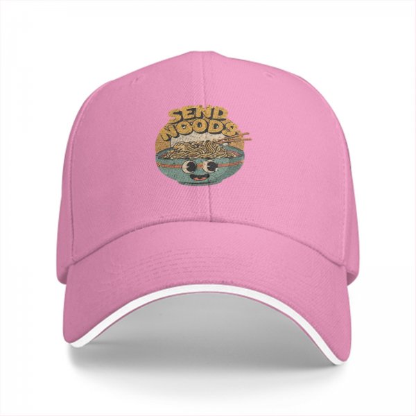 Black baseball cap with retro 'Send Noods' ramen bowl graphic