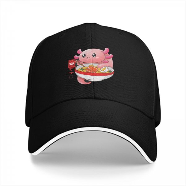 Black baseball cap with cute axolotl eating ramen graphic