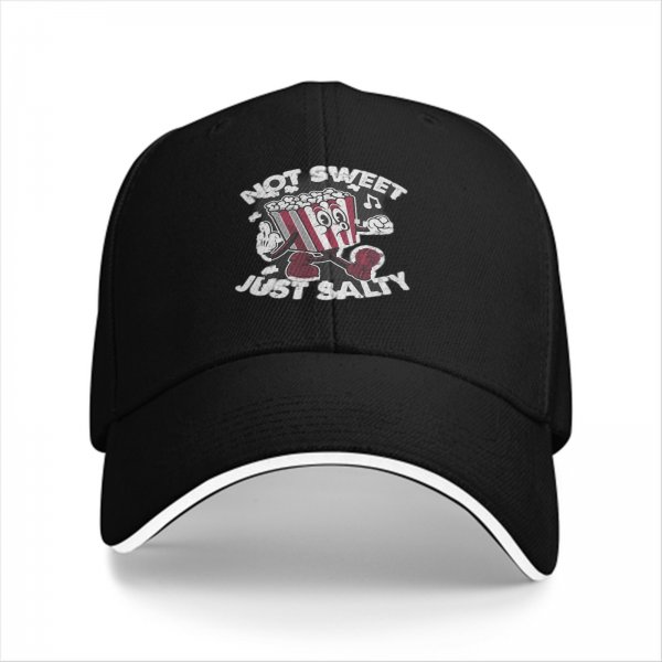 Black baseball cap with 'Not Sweet Just Salty' dancing popcorn graphic