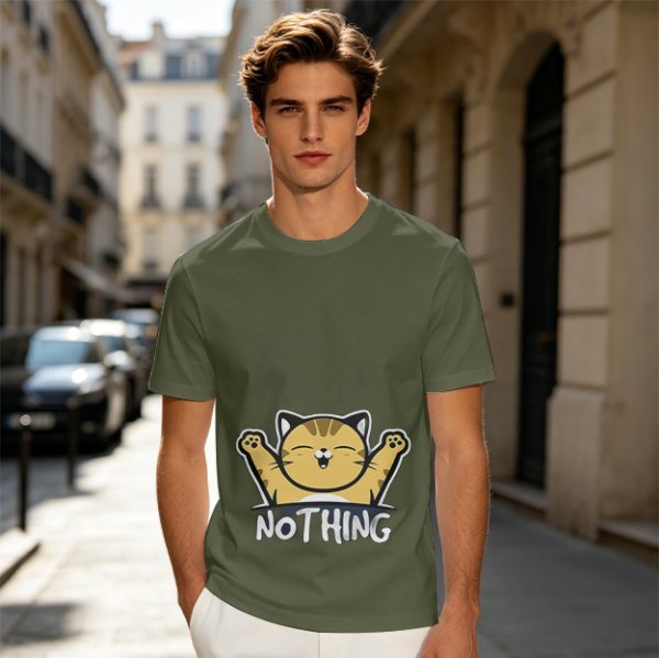 Olive T-Shirt with Happy Raised Paw Cat and 'NOTHING' Print