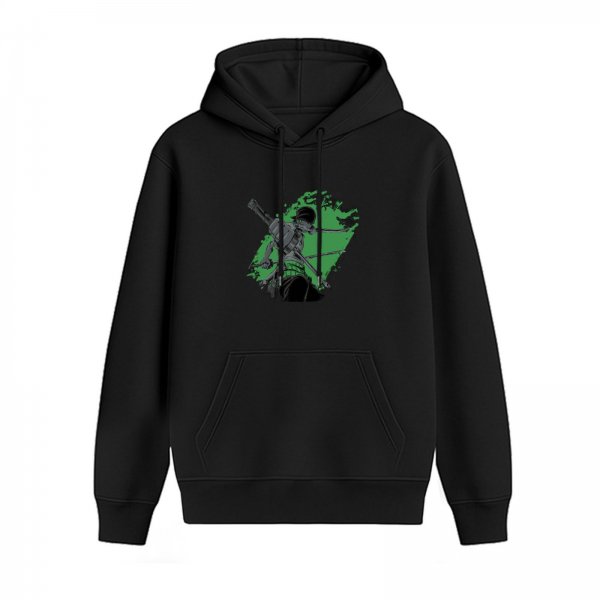 Black hoodie with One Piece Roronoa Zoro graphic print