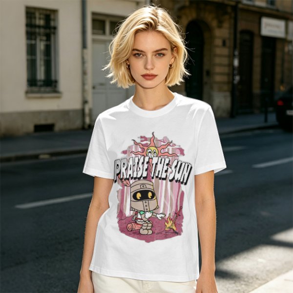 Olive t-shirt with cartoon knight 'Praise the Sun' graphic