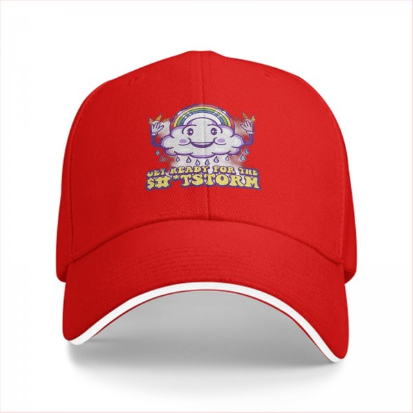 Black baseball cap with funny cloud rainbow storm graphic