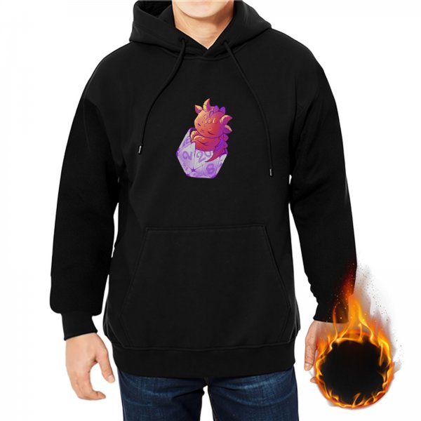 Black Hoodie with Cute Sleeping Dragon on D20 Dice Artwork