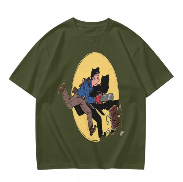 Olive T-shirt with Cartoon Chainsaw Action Character Print