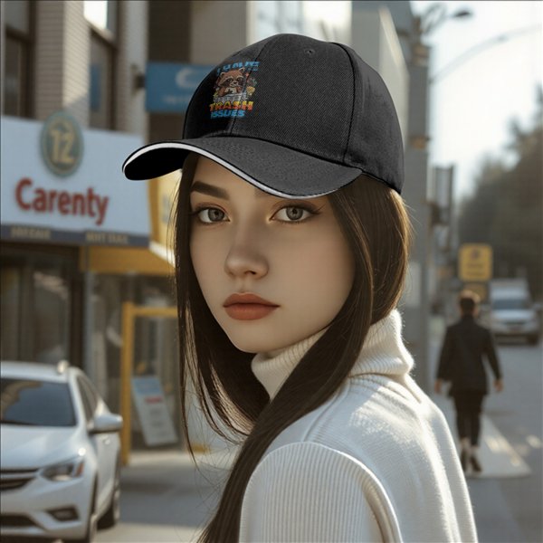 Black baseball cap with raccoon 'I Have Trash Issues' graphic