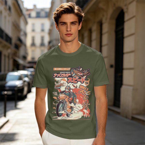 Olive green graphic tee with retro masked rider ramen motorcycle art