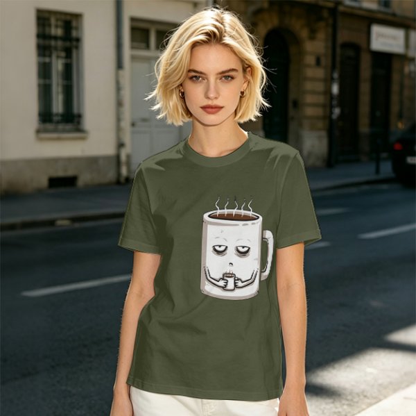 Oversized Army Green T-Shirt With Tired Coffee Mug Graphic