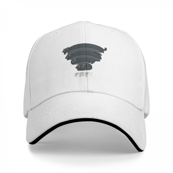 Black baseball cap with stacked cat graphic and 'FREE' text