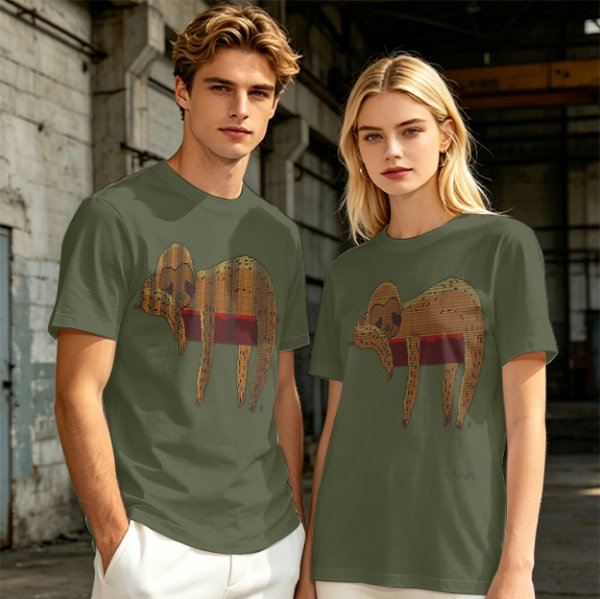 Olive Green T-Shirt with Sleeping Sloth Graphic Print