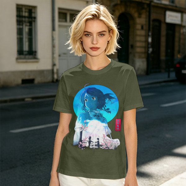 Anime girl cherry blossom scene graphic tee
