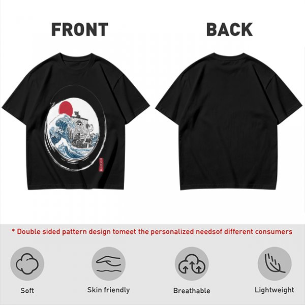 Olive T-shirt with Great Wave Enso Circle and Red Sun Print