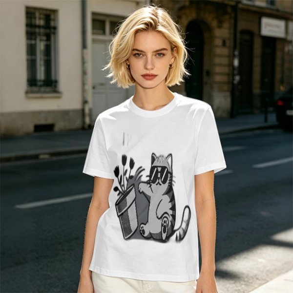Olive T-Shirt With Cool Cat Wearing Sunglasses Knocking Over Potted Plant