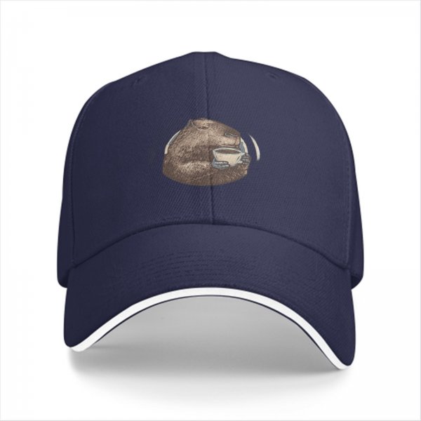 Black baseball cap with capybara holding coffee cup print