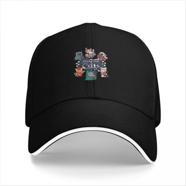 Black baseball cap with Dungeons & Cats fantasy cat characters print
